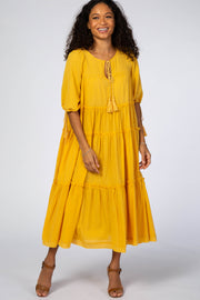 Yellow Ruffle Tier Tassel Trim Midi Dress