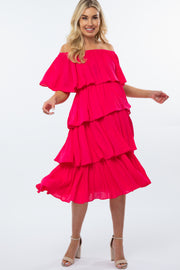 Fuchsia Pleated Tiered Off Shoulder Maternity Midi Dress