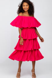 Fuchsia Pleated Tiered Off Shoulder Midi Dress