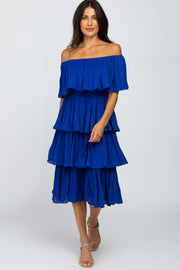 Royal Blue Pleated Tiered Off Shoulder Midi Dress