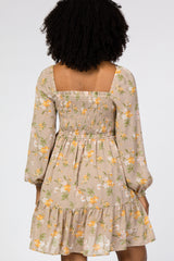 Taupe Floral Chiffon Smocked Square Neck Dress