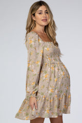 Taupe Floral Chiffon Smocked Square Neck Maternity Dress