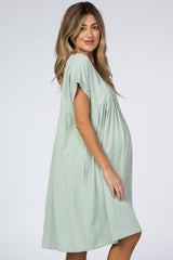 Light Olive Rolled Cuff Maternity Dress