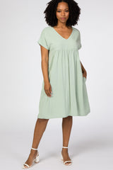 Light Olive Rolled Cuff Maternity Dress