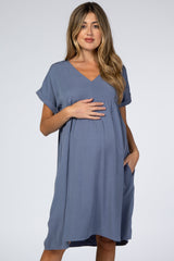 Blue Rolled Cuff Maternity Dress