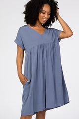 Blue Rolled Cuff Dress