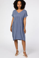 Blue Rolled Cuff Maternity Dress