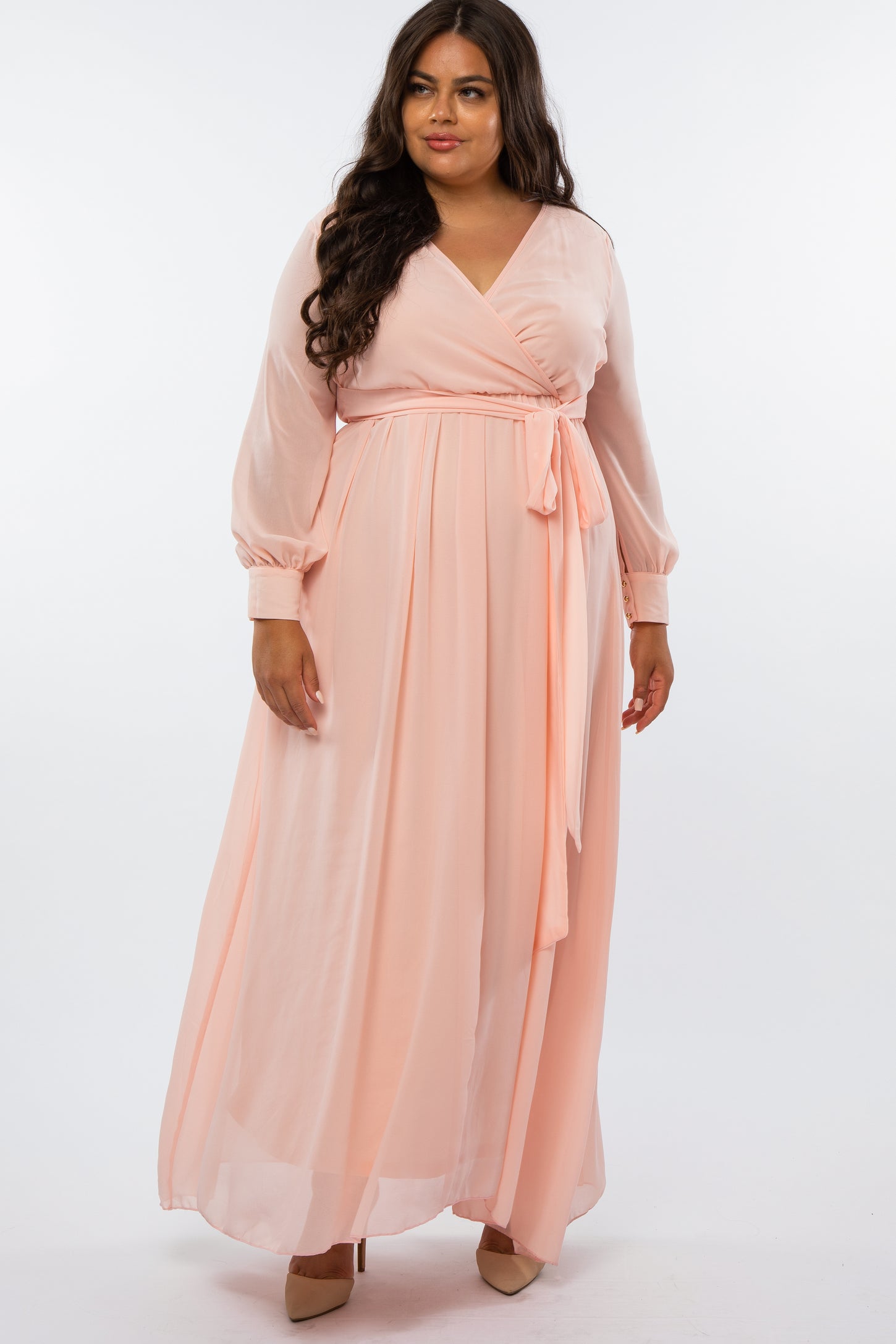 Peach Chiffon Long Sleeve Pleated Plus Maternity Maxi Dress– PinkBlush