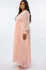 Peach Chiffon Long Sleeve Pleated Plus Maxi Dress