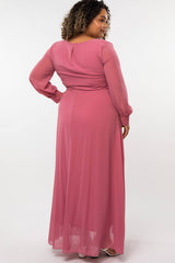 Salmon Chiffon Long Sleeve Pleated Plus Maternity Maxi Dress