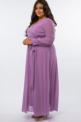 Violet Chiffon Long Sleeve Pleated Plus Maxi Dress