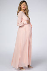 Peach Chiffon Long Sleeve Pleated Maternity Maxi Dress