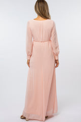 Peach Chiffon Long Sleeve Pleated Maxi Dress