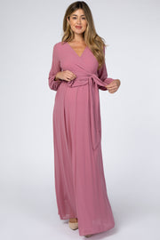 Dusty Mauve Chiffon Long Sleeve Pleated Maternity Maxi Dress