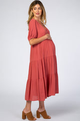 Rust Tiered Short Sleeve Maternity Midi Dress