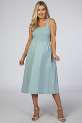 Emerald Green Gingham Print Smocked Front Maternity Midi Dress