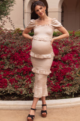 Beige Fitted Smocked Ruffle Accent Maternity Midi Dress