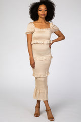 Beige Fitted Smocked Ruffle Accent Midi Dress