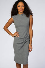 Grey Ribbed Mock Neck Fitted Dress