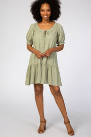 Light Olive Ruffle Puff Sleeve Dress