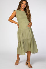 Light Olive Tiered Smocked Maternity Midi Dress