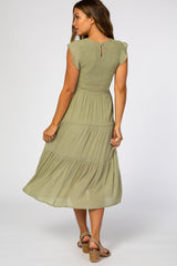 Light Olive Tiered Smocked Maternity Midi Dress