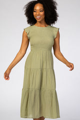 Light Olive Tiered Smocked Midi Dress