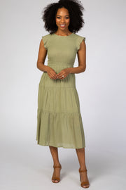 Light Olive Tiered Smocked Midi Dress