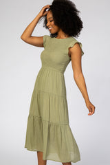 Light Olive Tiered Smocked Midi Dress