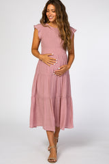 Pink Tiered Smocked Maternity Midi Dress