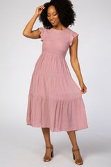 Pink Tiered Smocked Maternity Midi Dress