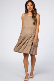 Taupe Soft Knit Pleated Tiered Sleeveless Maternity Dress