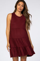 Burgundy Soft Knit Pleated Tiered Sleeveless Maternity Dress