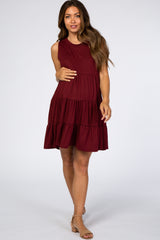 Burgundy Soft Knit Pleated Tiered Sleeveless Maternity Dress