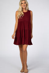 Burgundy Soft Knit Pleated Tiered Sleeveless Maternity Dress