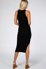 Black Ribbed Fitted Midi Dress