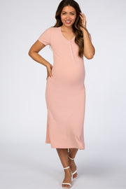 Pink Ribbed Button Front Maternity Midi Dress