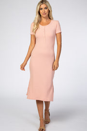 Pink Ribbed Button Front Midi Dress