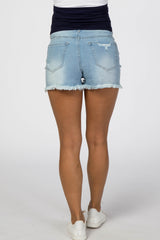 Light Blue Distressed Frayed Hem Maternity Jean Shorts