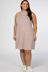 Mauve Striped Mock Neck Sleeveless Plus Dress