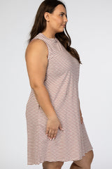 Mauve Striped Mock Neck Sleeveless Plus Dress