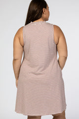 Mauve Striped Mock Neck Sleeveless Plus Dress