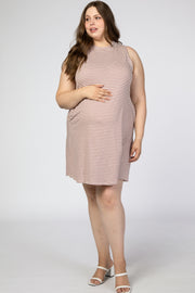 Mauve Striped Mock Neck Sleeveless Maternity Plus Dress