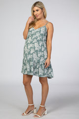 Light Olive Tropical Floral Print Front Button Maternity Dress