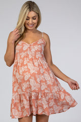 Salmon Tropical Floral Print Front Button Maternity Dress