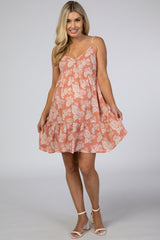 Salmon Tropical Floral Print Front Button Maternity Dress