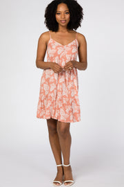 Salmon Tropical Floral Print Front Button Dress