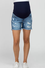 Blue Distressed Fringe Hem Maternity Denim Shorts