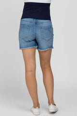 Blue Distressed Fringe Hem Maternity Denim Shorts