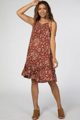 Burgundy Floral Smocked Neckline Maternity Dress